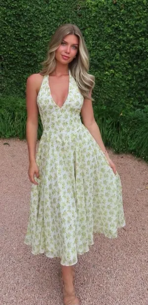 House of CB Solada Ivory Vintage Floral Print Georgette Halter Sundress XL thumbnail 1