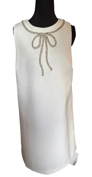 English Factory NWT White Rhinestone Bow Shift Dress Medium Bridal Cocktail $140 thumbnail 1