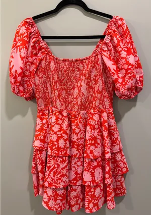 Entro Floral Patterned Smocked Puff Sleeve Ruffle Skirt Romper Dress thumbnail 5