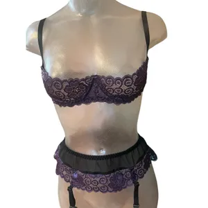 Vintage ESCANTE 2 pc lingerie set balconette bra garter belt purple lace small s thumbnail 6