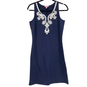 Lilly Pulitzer Navy Blue Cheryln Soft Shift Mini Dress Womens M Preppy Classic thumbnail 2