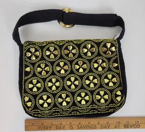 Vintage Retro Womens Bag Black Gold Beaded Studded Corduroy Purse Hong Kong thumbnail 2