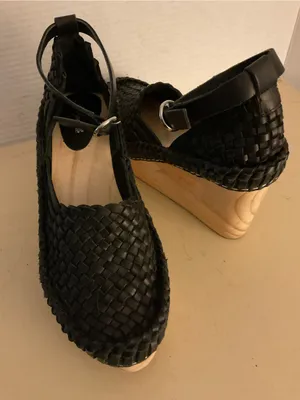 Free People women Black leather Woven Ankle-Strap Platform Wedges sandals US 8 thumbnail 9