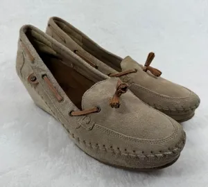 Soul of Africa Suede Leather Wedge‎ Mocassin Loafers Taupe Brown Size 10 US thumbnail 1
