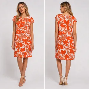 Boden Notch Neck Shift Dress 100% Linen Orange/White Tropical Floral Print‎ thumbnail 2