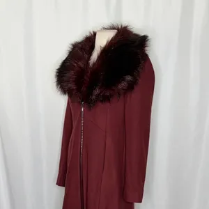 WHBM Burgundy Long Coat Removable Faux Fur Collar White House Black Market XS thumbnail 7