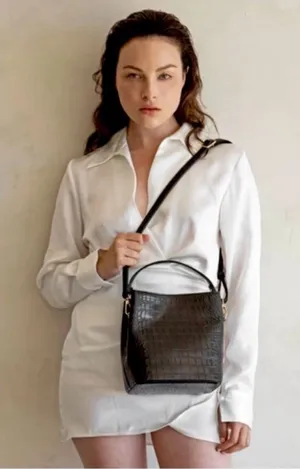 NWT AOTA Elena Crossbody Bucket Bag in Black Croc Vegan Leather thumbnail 1