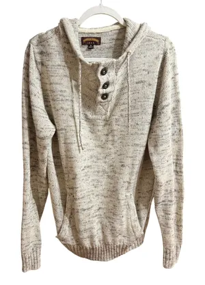 Ministry of Fashion 1886 Marled Knit Henley Hoodie Sweater Cream Grey Medium thumbnail 1
