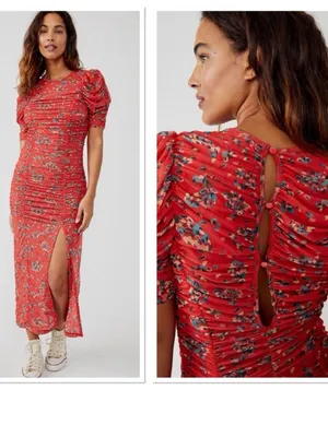 Free People Red Floral Ruched Midi Dress with Puff Sleeves thumbnail 2