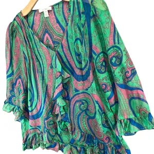 Anthropologie Trinity Blouse M Green‎ Silk Paisley Sheer Ruffle Forest Fairy Top thumbnail 2