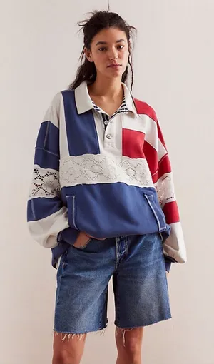 🆕 Free People X We The Free | American Dream Polo Pullover | Sz: L thumbnail 1