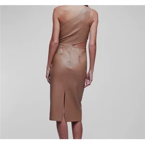 NWT L'Agence Tan Brown Aliyah Cutout One-Shoulder Faux Leather Dress Size 18 thumbnail 15