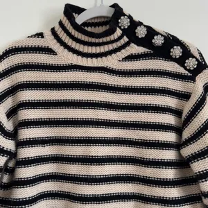 J. CREW Cable-Knit Mock-neck Pullover Sweater Size Small Stripe Jewel Buttons thumbnail 3
