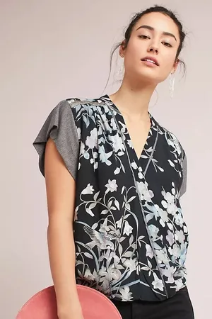 TINY by Anthropologie Floral Knit Mixed Media Blouse Top Boho Size Small thumbnail 1