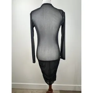 Sheer Mesh Long Sleeve Mock Neck Bodycon Midi Dress Black Ruched Thumbholes thumbnail 3