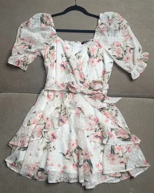 Trixxi Women’s cream pink floral dress and puff sleeves thumbnail 1