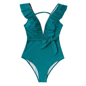 Cupshe Ruffle V-Neck One-Piece Swimsuit Womens Size 16 Teal Green Side Tie‎ Sash thumbnail 3