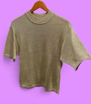 Cute vintage 90s metallic gold short sleeve sweater holiday fancy event thumbnail 1