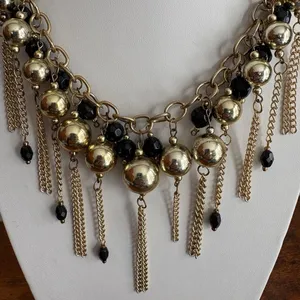 Gold-Tone Black Beaded Fringe Bib Statement Necklace – Chunky Chain thumbnail 3