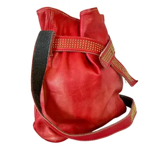 Vintage L.J. Simone Red Leather Glam Studded Belt Crossbody Hobo Bucket Bag thumbnail 9