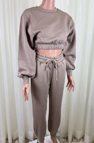 Zenana 2 Pcs Crop Sweatshirt Tracksuit Jogger Pants Set Outfit Active Loungewear Beige Size L thumbnail 3