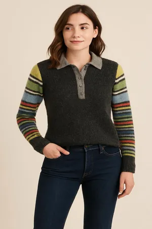 ANTHROPOLOGIE COUSIN JOHNNY Wool Blend Striped Sleeves Gray Sweater Unisex thumbnail 1