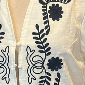 Embroidered Cotton Off White Ruffle Neck Short Sleeve Blouse New thumbnail 3
