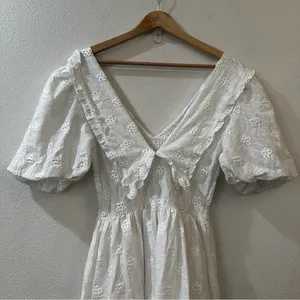 Zara White Embroidered Eyelet Lace Midi Dress‎ in Oyster White Size Small thumbnail 8