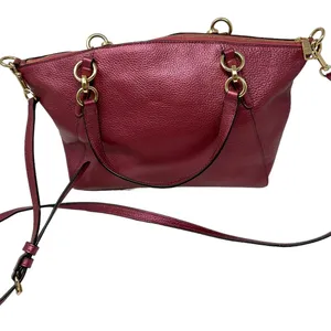Coach Pebbled Leather Satchel Crossbody Bag Metallic Burgundy Gold Hardware thumbnail 6