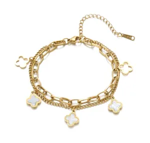 Gold & White Clover Charm Layered Bracelet thumbnail 1