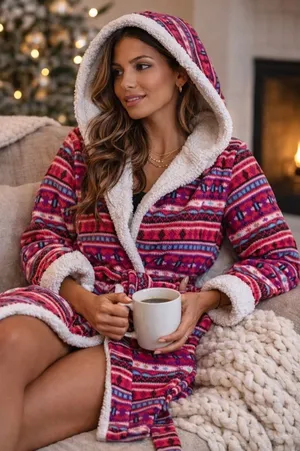 Holiday Time Cozy Holiday Hooded Fleece Robe Sherpa Lined Plush Lounge Wrap | Pink Belted 2X thumbnail 1
