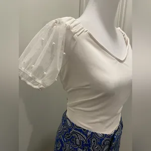 White Blouse Crop Top With Mesh & Pearl Detail Puff Sleeves - M thumbnail 6