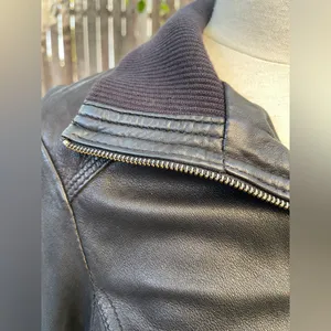Pimkie Women's Black 100% sheep Leather bomber Jacket steampunk moto boho fall S thumbnail 2