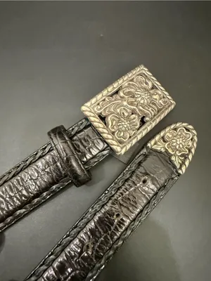 Vintage BRIGHTON 97033 Black Embossed Croc Leather Floral Buckle Belt Size ML 32 thumbnail 6