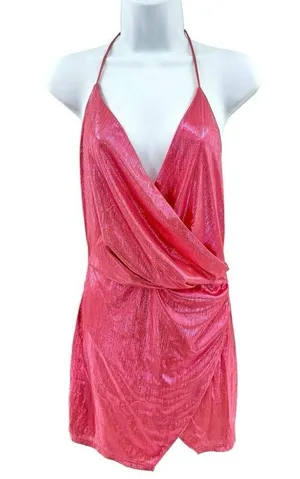 New Superdown Missie Wrap Front Mini Dress Medium Pink Metallic Party Barbiecore thumbnail 3