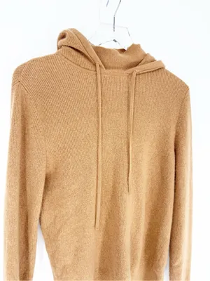 Theory Ribbed Mock Neck Hooded Wool Blend‎ Sweater Women's S Tan Quiet Luxury thumbnail 5