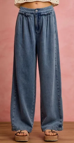 SO ME Mid Rise Ruffled Front Elastic‎ Wide Leg Jeans thumbnail 1