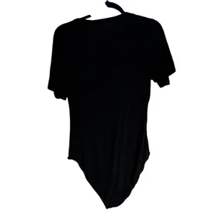 Free People Black Deep V Neck Short Sleeve Thong‎ Bodysuit L Made in USA thumbnail 9