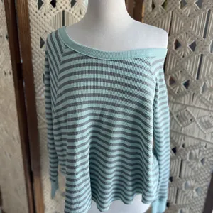 We The Free Free People Striped Mint and Gray Waffle Knit Long Sleeve Bat Wing Top thumbnail 2