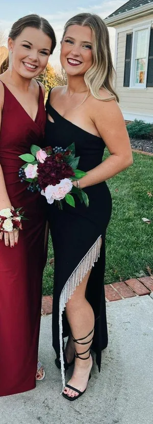 Sherri Hill Black Prom Dress with Fringe down the leg slit thumbnail 1