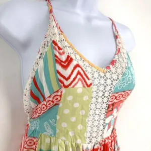 Angel Biba Patchwork Colorful Lace Trim Mini Sundress Size Small Open Back Boho‎ thumbnail 3