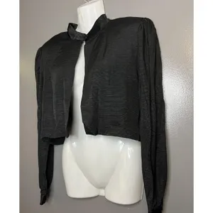 Handmade Cropped Jacket Womens Medium Black Textured Stripe Bolero Satin Collar Lined thumbnail 3