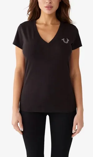 True Religion Crystal Horseshoe Logo V Neck Black Tee 2XL. thumbnail 1