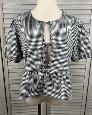 WILD FABLE Black & White Gingham Puff Sleeve Peplum Tie Front Top-Large thumbnail 1