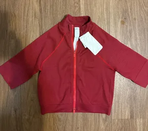 Fabletics Womens Red Waffle‎ Knit Full Zip Cropped Athletic Jacket Large NWT thumbnail 1