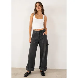 Free People We The Free Black Wash Major Leagues Cuffed Carpenter Utility Jeans thumbnail 3