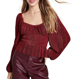 ASTR The Label Blouse Women M Wine Plisse Smocked Romantic Holiday thumbnail 1