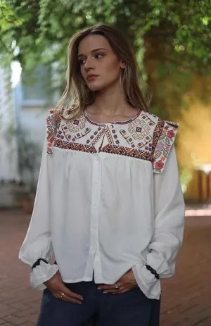 ANTIK BATIK Bernadette Embroidered Cotton Blouse White Boho Bohemian Small 38 thumbnail 1