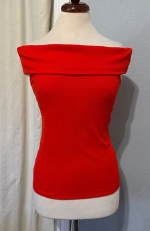 A New Day Womens Medium Top Red Ribbed‎ Off The Shoulder Bardot Knit Stretch thumbnail 1