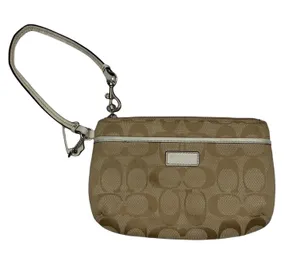 Coach Small Wristlet Signature Jacquard Monogram Khaki Tan White Patent Leather thumbnail 1